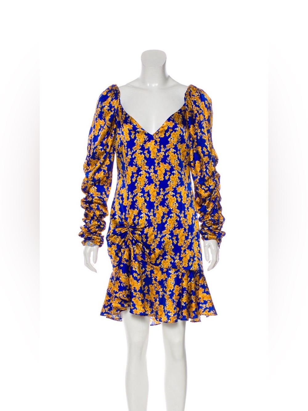 Caroline Constas Blue Floral Silk Mini Dress with V-Neck
